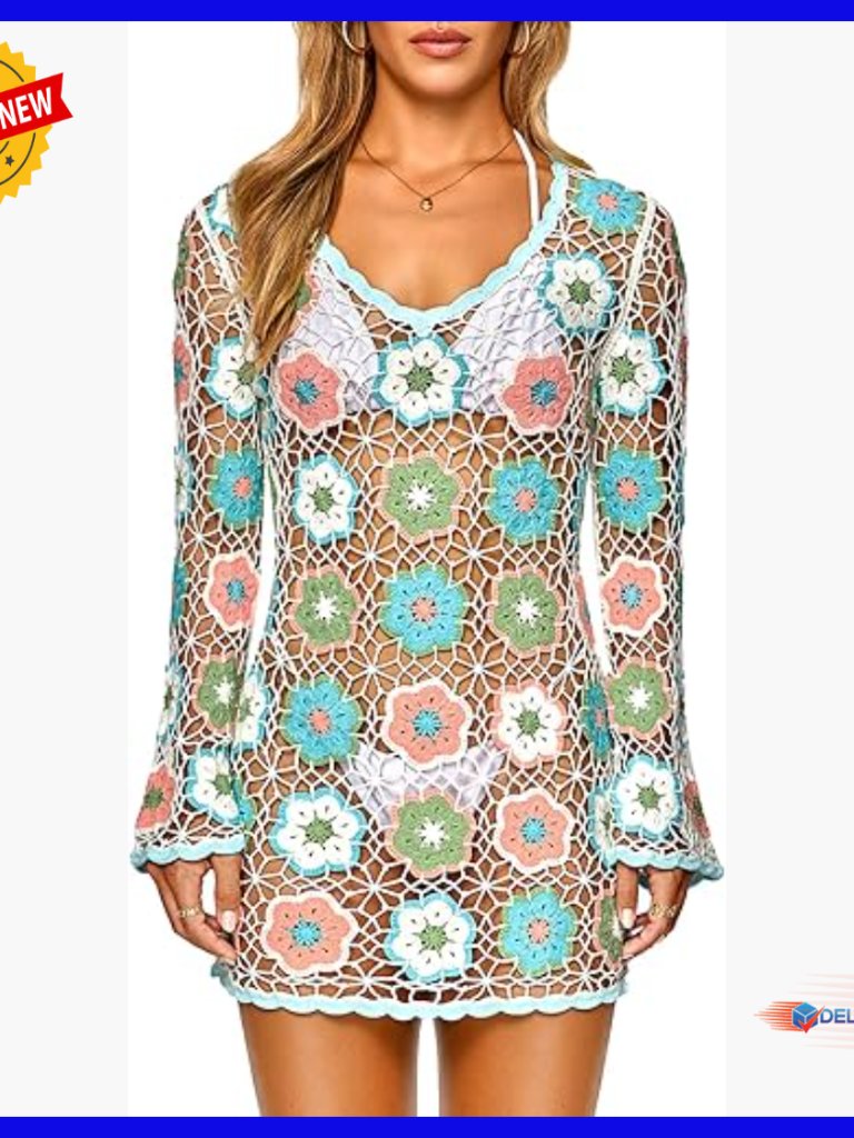 Small Crochet Bell Sleeve Cover Up Dress Boho 3d Floral Embroidery Beach